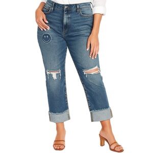 Old Navy Boyfriend Jeans Mid Rise Straight Ripped Smiley Face Happy Remix Blu 16